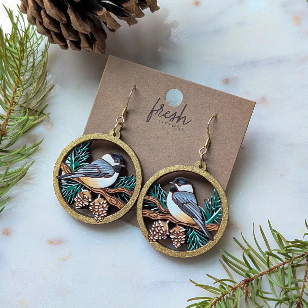 Winter Chickadee Pine Earrings Dangle and Drop Earrings