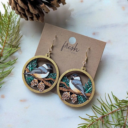 Winter Chickadee Pine Earrings Dangle and Drop Earrings