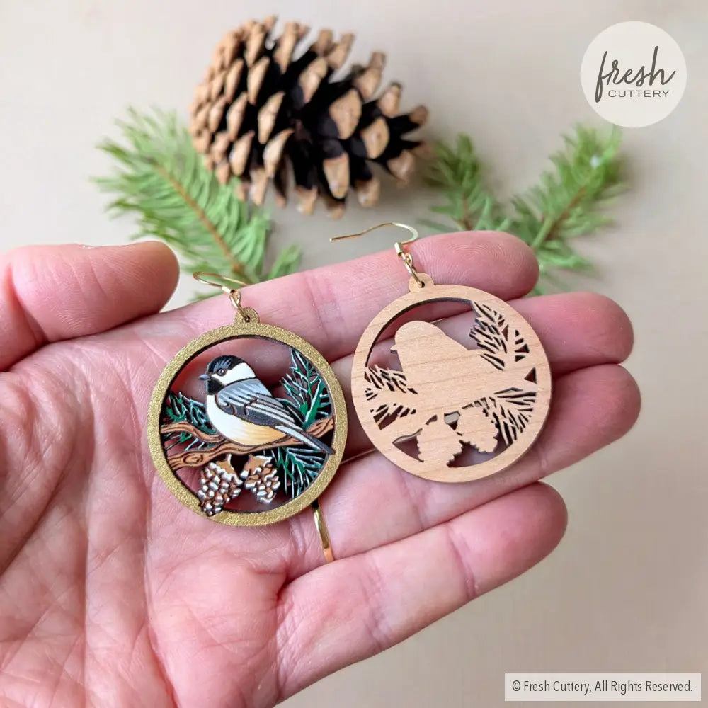 Winter Chickadee Pine Earrings Dangle and Drop Earrings