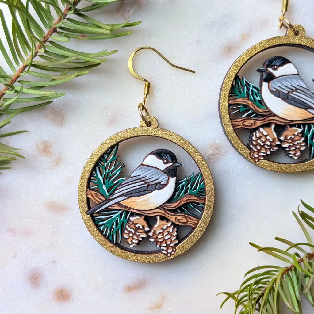 Winter Chickadee Pine Earrings Dangle and Drop Earrings