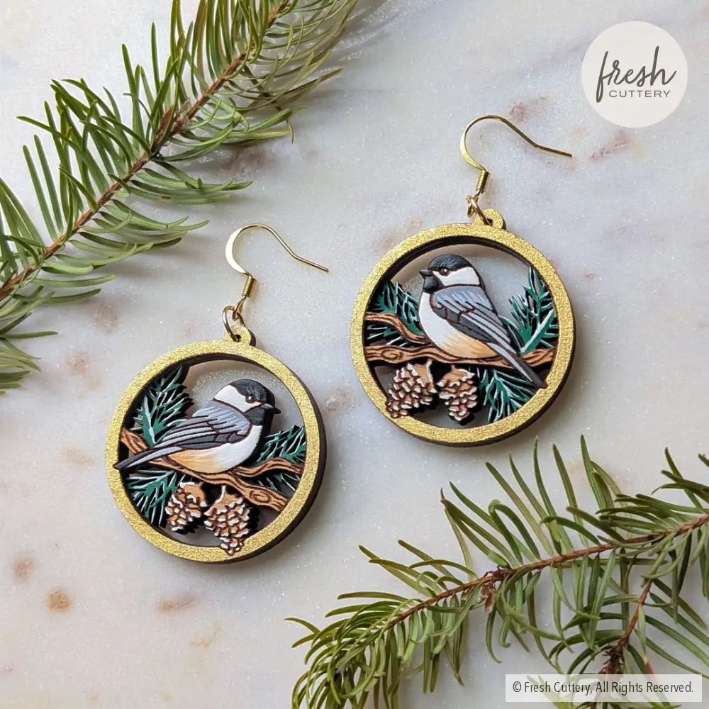 Winter Chickadee Pine Earrings Dangle and Drop Earrings