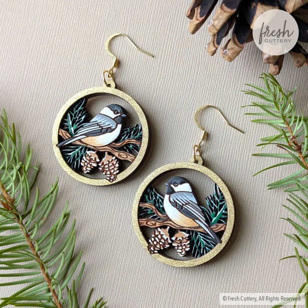 Winter Chickadee Pine Earrings Dangle and Drop Earrings