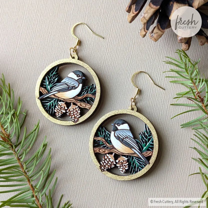 Winter Chickadee Pine Earrings Dangle and Drop Earrings