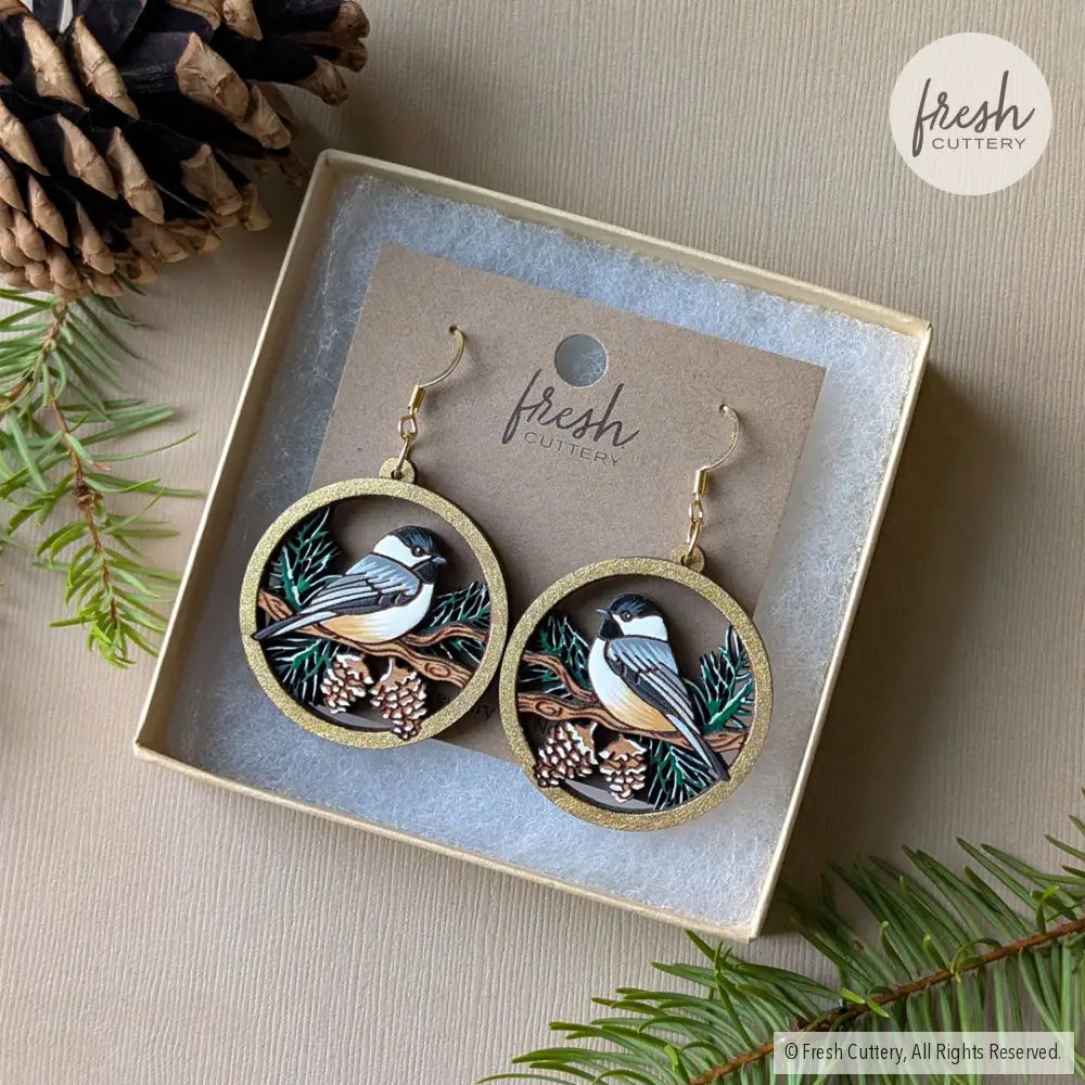 Winter Chickadee Pine Earrings Dangle and Drop Earrings