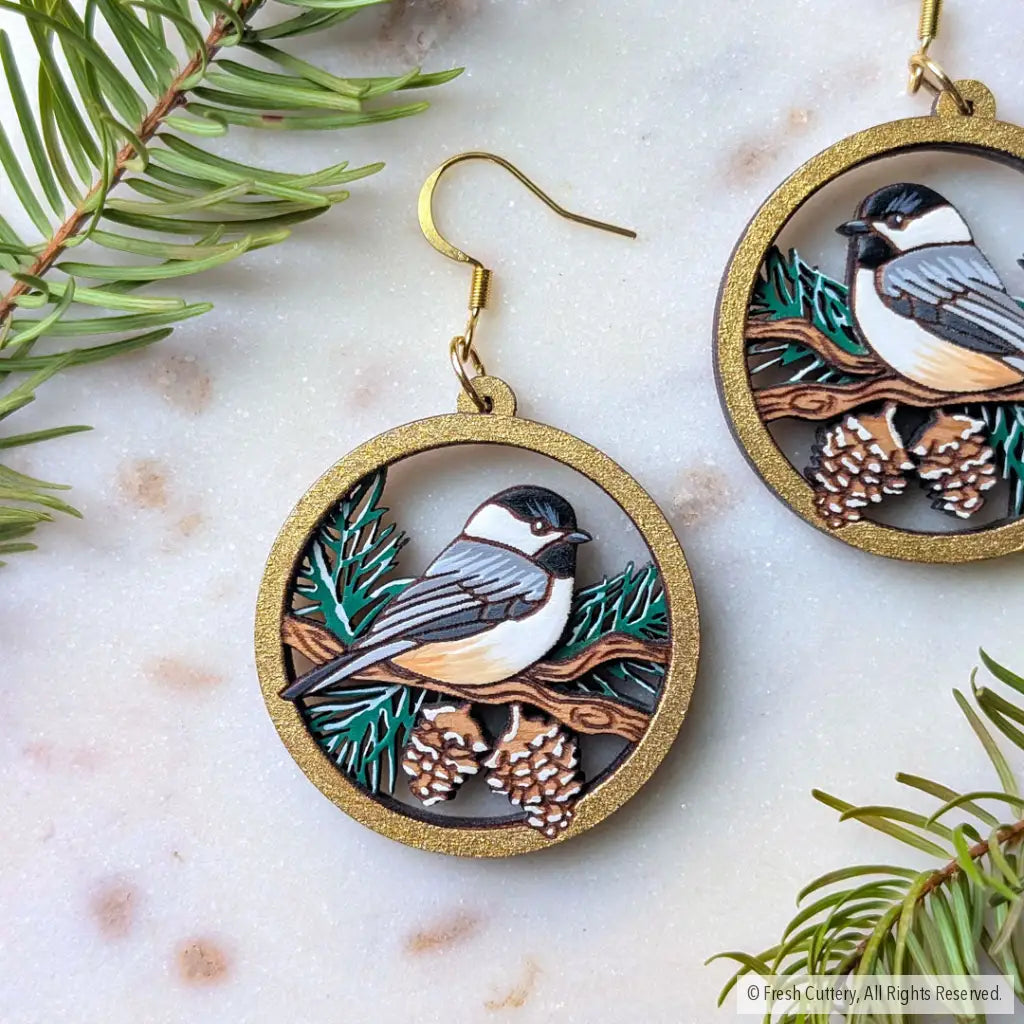 Winter Chickadee Pine Earrings Dangle and Drop Earrings