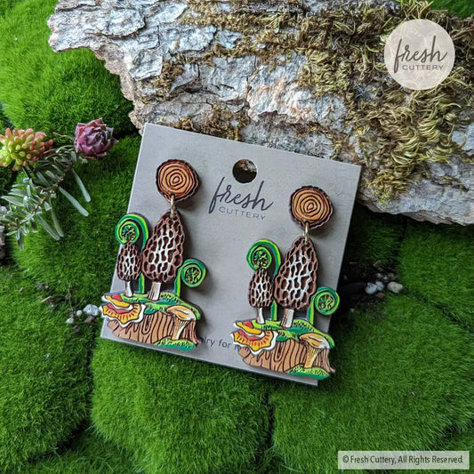 Woodland Forager Earrings Etched Wood Studs Dangle And Drop